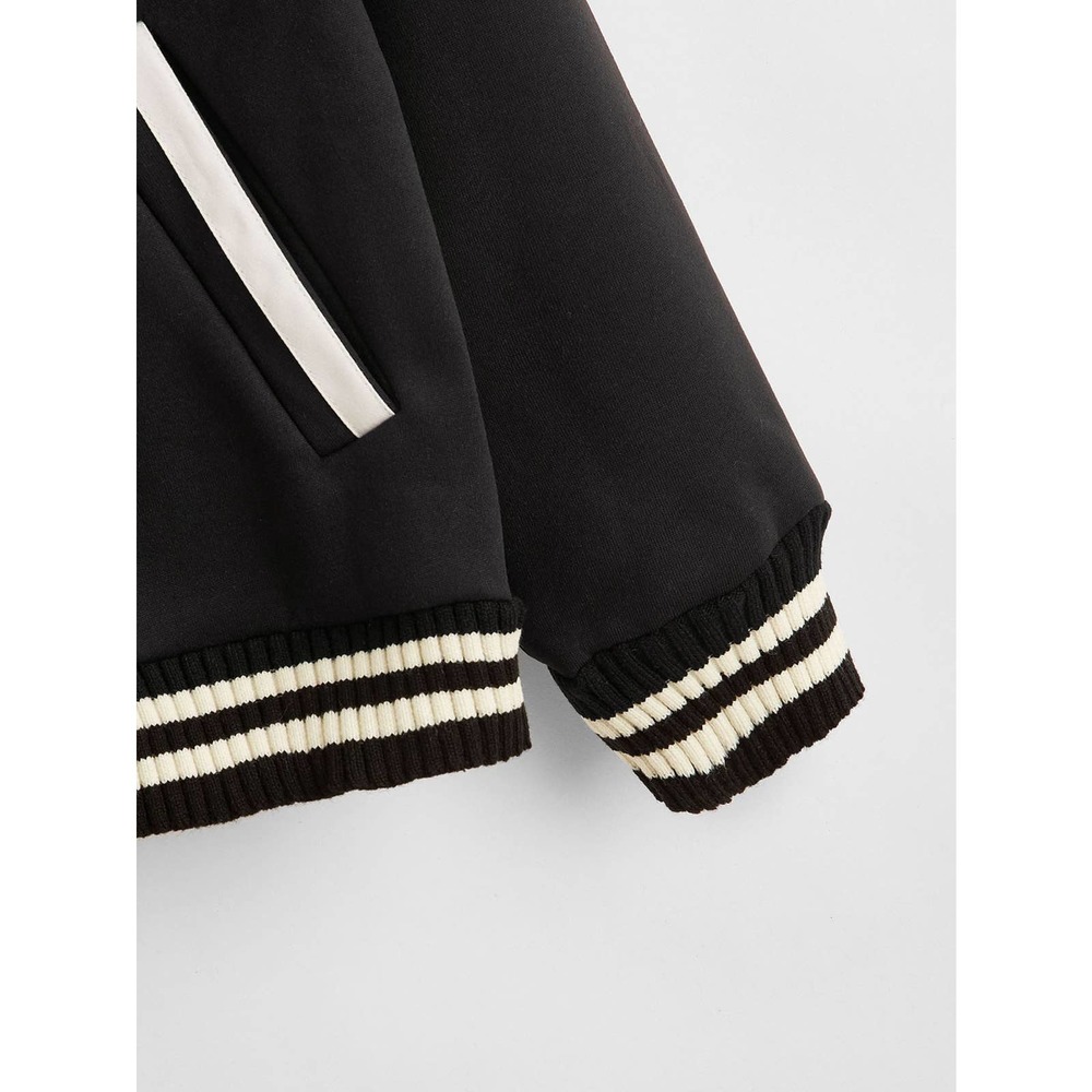 Striped Button Up varsity Bomber Jacket black white preppy vintage letterman - Picture 4 of 5